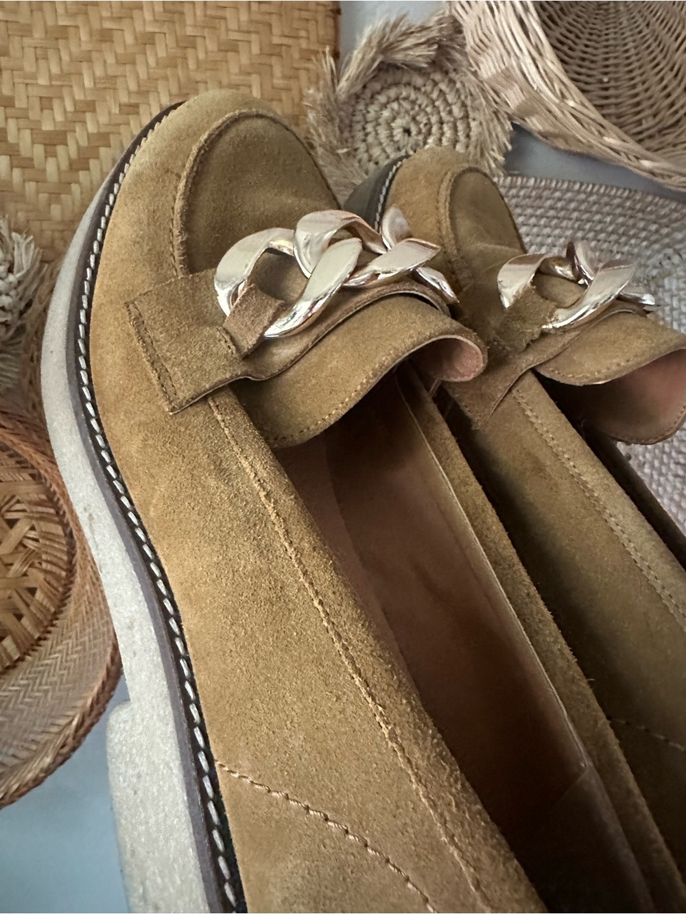 Anthropologie Suede Loafers with Gold Chain Trim in Tan - Picture 5 of 7